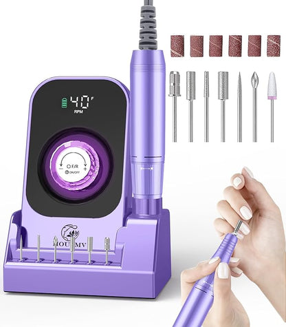 Portable Electric Nail Drill Machine: Professional Nail File Machine 40000RPM, Rechargeable Cordless Nail-E File with Bits & Base for Acrylic Nails Remove Gel Polish Manicure Salon Home, Light Purple