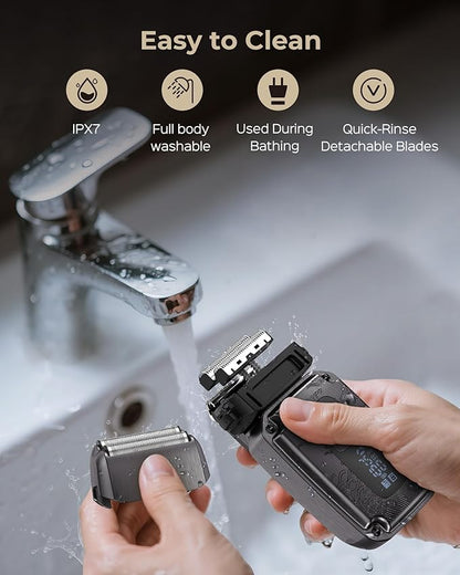 Foil Shaver for Men, Electric Razor for Men Face Beard, Waterproof Cordless Electric Razor for Travel, 4-Speed Setting, USB-C Rechargeable, LED Battery Display, Barber or Home Use (Gray)