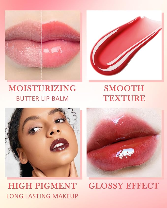Lip Balm Butter Poppy, Hydrating Tinted Butter Lip Gloss,Clear Lip Mask Lip Care Moisturizer,Smooth Lip Treatment Balm,Jelly Yummy Glow Reviver Fat Lip Oil,Christmas Makeup Gift for Women-04