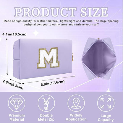 Personalized Initial Letter Patch Makeup Bag, Preppy Small Chenille Cosmetic Bag with Zipper, PU Leather Waterproof Travel Toiletry Bag Monogram Make Up Pouch for Women Girls