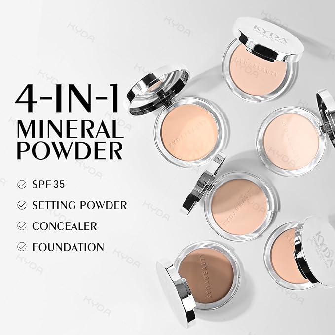 KYDA Mineral Powder, SPF 35, 4-in-1 Mineral Pressed Powder Foundation with Concealer and Setting, Matte Weightless Pressed Foundation, Light to Medium Coverage, #PORCELAIN