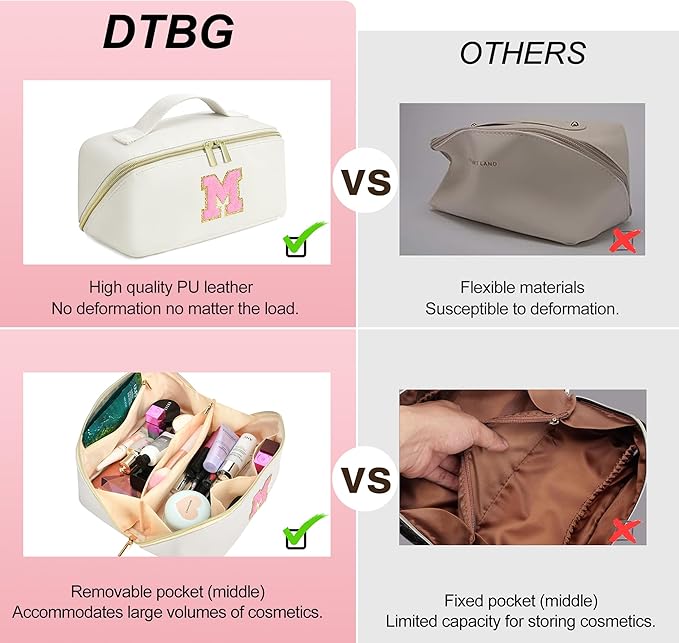 for Christmas Day Gifts, Makeup Bag for Women, PU Leather Travel Toiletry Bags, Initial Make Up Cosmetic Pouch for Teen Girls, Wide Open Portable Skincare Bag, Personalized Birthday Gifts, White J