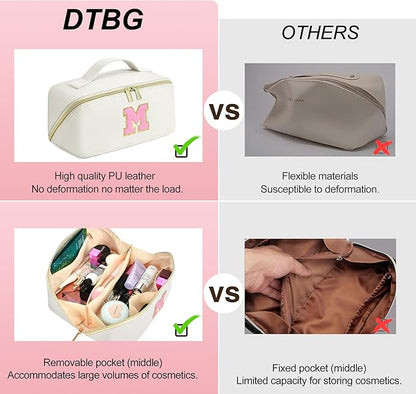 for Christmas Day Gifts, Makeup Bag for Women, PU Leather Travel Toiletry Bags, Initial Make Up Cosmetic Pouch for Teen Girls, Wide Open Portable Skincare Bag, Personalized Birthday Gifts, White J
