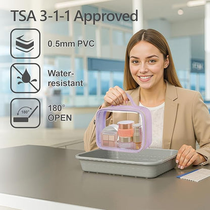 PACKISM Clear Makeup Bag - 2 Pack TSA Approved Toiletry Bag with Handle and 180° Large Opening, Sturdy Clear Toiletry Bag Fit Carry-on Travel Essential, Travel Bags for Toiletries, Purple