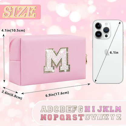 Initial Letter Patch Makeup Bag, Small Preppy A-Z Glitter Letter Cosmetic Bag, PU Leather Waterproof Travel Toiletry Bag,Cute Make Up Pouch Personalized Monogrammed Gift for Women Teen Girls(Letter M)