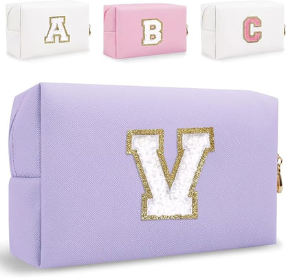Small Personalized Letter Makeup Bag, Cute PU Leather Chenille Letters Cosmetic Bag Travel Makeup Pouch, Preppy Travel Organizer Zipper Pouch for Women&Girls（Purple-V）