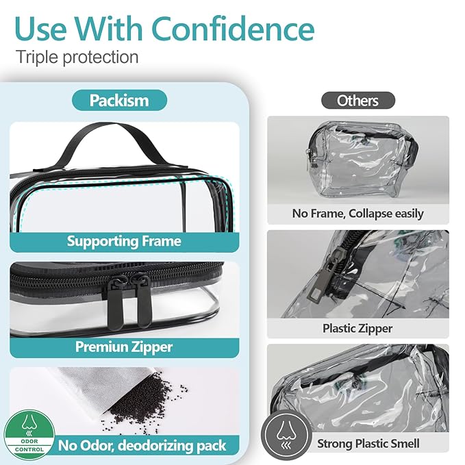 PACKISM Clear Makeup Bag - 2 Pack TSA Approved Toiletry Bag with Handle and 180° Large Opening, Clear Toiletry Bag Fit Carry-on Travel Essential, Travel Bags for Toiletries, Black