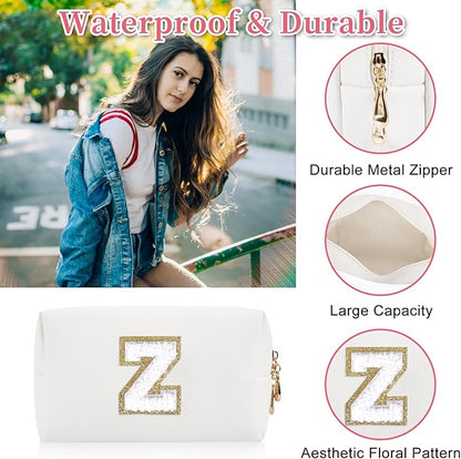 Personalized Initial Letter Patch Makeup Bag, Preppy Portable Chenille Letter Cosmetic Bag with Zipper, PU Leather Waterproof Travel Toiletry Bag Monogram Make Up Pouch for Women Girls(Letter Z)