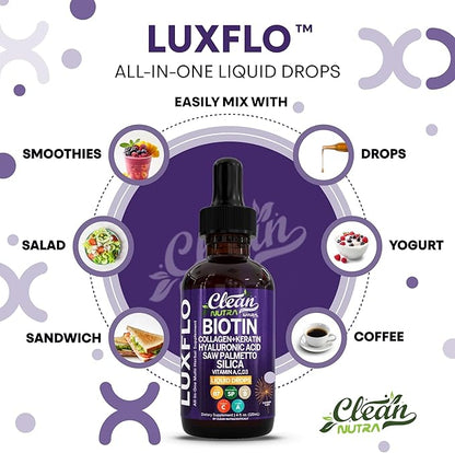 Biotin Liquid Drops Collagen Keratin Hyaluronic Acid Saw Palmetto for Hair Skin and Nails Silica Vitamin A C Vitamin D Bamboo Turmeric Zinc Folate Magnesium Horsetail LuxGlo by Clean Nutra - 2Pack