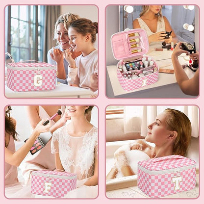 OCHEAL Makeup Bag for Women, Monogram Cosmetic Bag with Brush Holder, Pink Travel Makeup Case Beauty Toiletry Bag Organizer Personalized Gifts for Girls Bridesmaid, Sister, Wife, Friends Initial K
