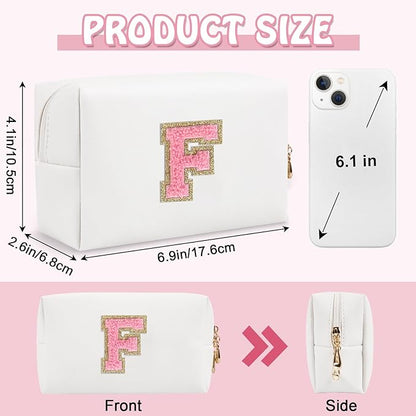 Small Initial Preppy Makeup Bag, Personalized Travel Cosmetic Organizer Chenille Letter White Toiletry Zipper Pouch, Portable Waterproof Makeup Case Gifts for Friends Female Friendship(Letter F)