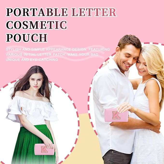 Iqimott Personalized Initial Letter Patch Makeup Bag, Preppy Small Chenille Letter Cosmetic Bag with Zipper, PU Leather Waterproof Travel Toiletry Bag Monogram Make Up Pouch for Women Girls(Letter K)