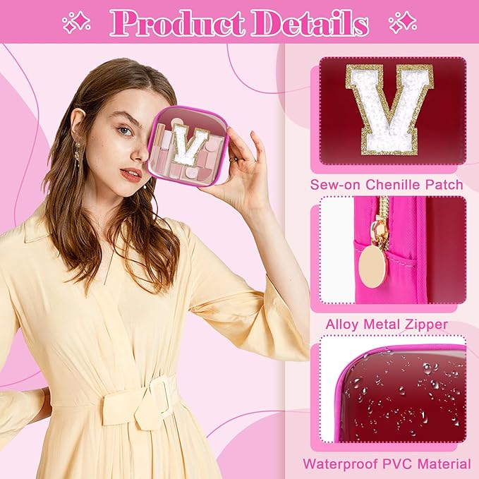 Personalized Initial Letter Clear Preppy Makeup Bag,Mini Nylon Chenille Letter Cosmetic Bag Cute Zipper Pouch Coin Purse for Teen Girls,Portable TSA Approved Travel Essentials Bag Gift for Women,V