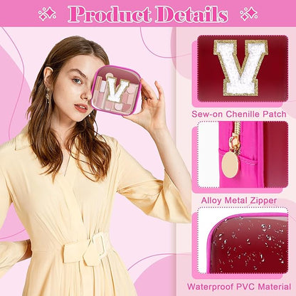 Personalized Initial Letter Clear Preppy Makeup Bag,Mini Nylon Chenille Letter Cosmetic Bag Cute Zipper Pouch Coin Purse for Teen Girls,Portable TSA Approved Travel Essentials Bag Gift for Women,V