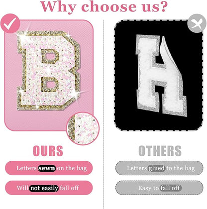 Personalized Initial Makeup Bag, Preppy Glitter Letter Patch Cosmetic Pouch, PU Waterproof Travel Toiletry Bag, Cute Makeup Organizer, Monogrammed Gift for Women Girls (Letter B)