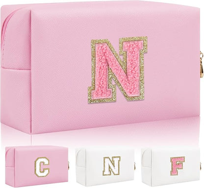 Personalized Initial Letter Patch Makeup Bag, Preppy Small Chenille Cosmetic Bag with Zipper, PU Leather Waterproof Travel Toiletry Bag Monogram Make Up Pouch for Women Girls