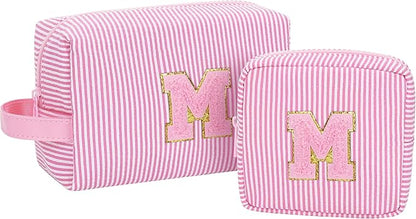 MONSTINA Mom Gifts for Mom, Personalized Initial Makeup Bag Cosmetic Bags for Women Cute|Makeup Pouch Birthday Gifts for Mother,Birthday Gift for Her Cute Toiletry Bag,2PCS Pink M