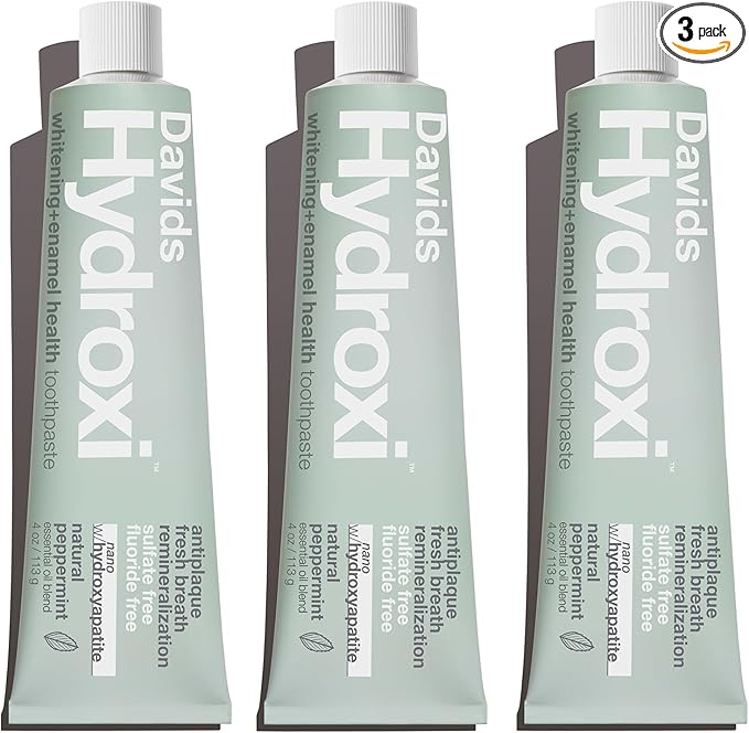 Davids Hydroxi Fluoride Free Nano Hydroxyapatite Whitening + Enamel Health Toothpaste, Antiplaque, Fresh Breath, Remineralizing, SLS Free, New Whitening Mint, 4 oz, Made in USA (3 Pack)