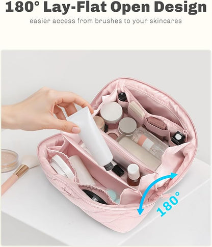 Hynes Eagle Travel Makeup Bag for Women Puffy Cosmetic Organizer Pouch Open Flat Toiletry Bag for Toiletries, Brushes Pink