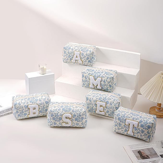 JOVAKIT Alphabet Makeup Bag Cosmetic Bag for Women, Christmas Gifts for Girls Age 6-18, Floral Flowers Coquette Travel Toiletry Zipper Make Up Pouch Organizer Trendy Stuff (Blue Floral S)