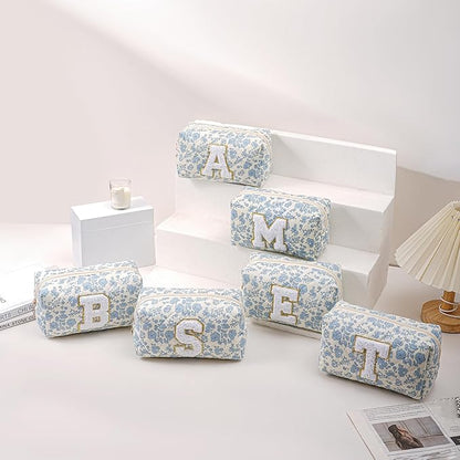 JOVAKIT Alphabet Makeup Bag Cosmetic Bag for Women, Christmas Gifts for Girls Age 6-18, Floral Flowers Coquette Travel Toiletry Zipper Make Up Pouch Organizer Trendy Stuff (Blue Floral W)