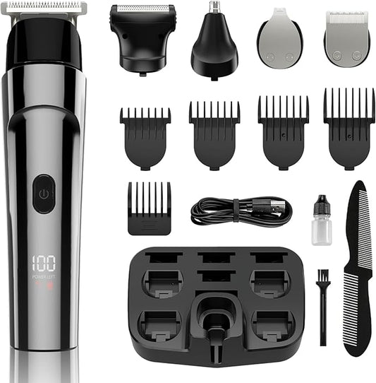 Beard Trimmer for Men, 5-in-1 Cordless Hair Clipper Kit with Foil Razor, Waterproof Body, Nose & Ear Groomer, Precision Trimming for Beard, Hair & Body Care (Gray)