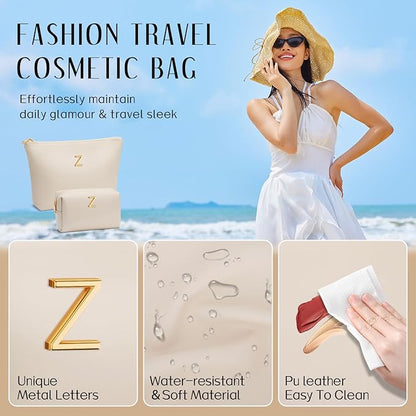 Women Gifts | Initial Makeup Bag Set for Girl Personalized Gifts for Bridesmaid Friend Graduation Teachers PU Leather Cosmetic Travel Toiletry Bag(Beige,Z)
