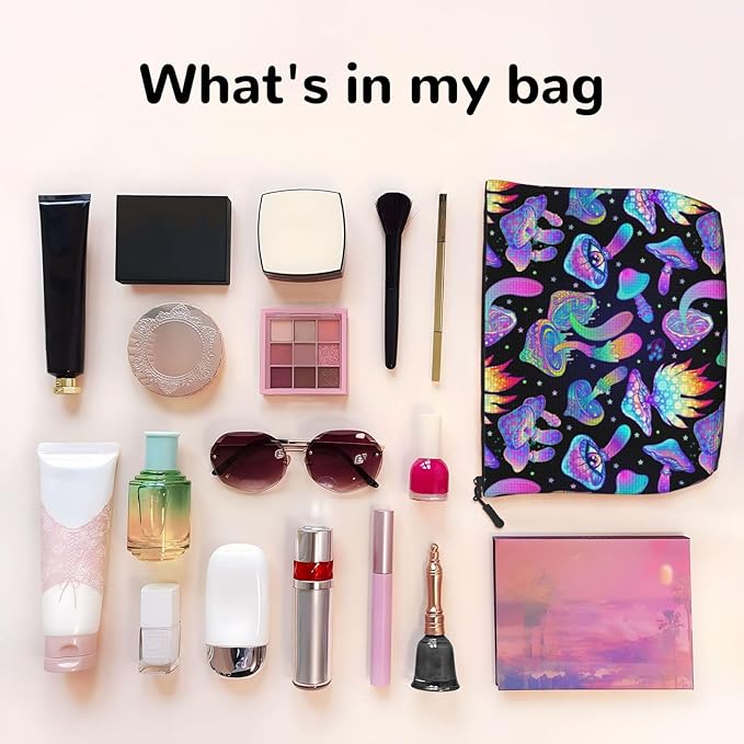 MOLAIGIN Magic Psychedelic Mushrooms And Skulls Cosmetic Bag For Women, Travel Makeup Bag, Toiletry Zipper Bag, Large Capacity Aesthetic Cases