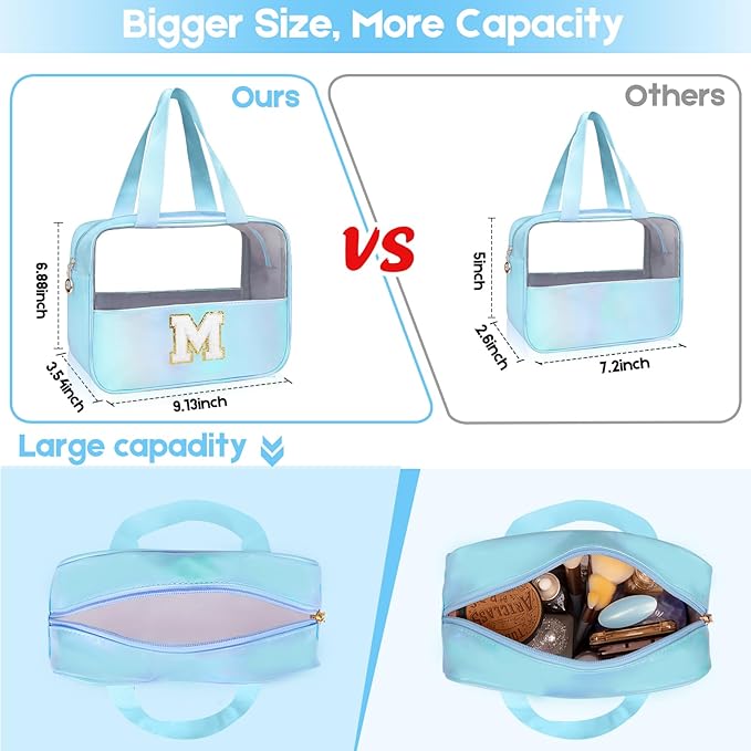 Personalized Initial Clear Makeup Bag Blue Cosmetic Bag Set Large Travel Toiletry Bag, Cute Clear Make Up Bags Organizer Bag for Girlfriend Teacher Gifts Teen Girl Gifts Trendy Stuff A (Blue)