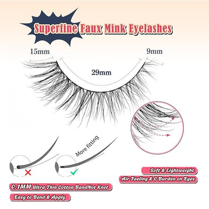 Eyelashes Natural Cat Eye Lashes 15mm Wispy Eyelashes Flared Fluffy Strip Lashes 0.1MM Thin Band False Eyelashes C Curl Lashes Siligli Eye Lashes Pack 7 Pair