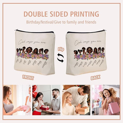 Inspirational Christian Makeup Bag Gifts: God Says You Are Themed Cosmetic & Toiletry Organizer Pouch For African American Black Teen Girls & Women.Ideal Gift For Travel, Birthdays, & Christmas.