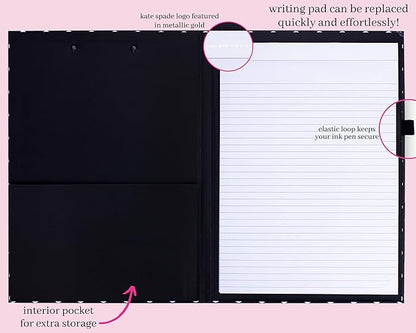 Kate Spade New York A4 Clipboard Folio with Low Profile Clip, Black Professional Padfolio Includes Lined Notepad, Pen Loop, and Pocket, Polka Dots