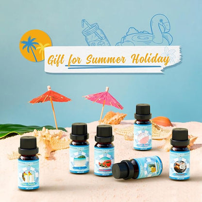 Summer Essential Oils Set, Fragrance Oil Gift Set for Oil Diffusers, Scented Oils for Soap Candle Making 6x10ml - Sea Breeze, Pineapple, Watermelon, Coconut, Pink Beach, and Pina Colada