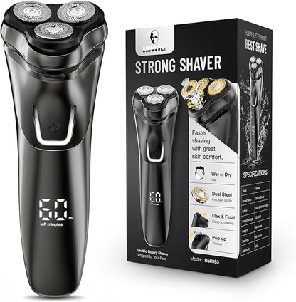 Electric Razor for Men Cordless: Wet/Dry Rotary Shaver Waterproof - USB Fast Charging & Sensitive Skin Care - Pop up Trimmer & Precision Blades Black