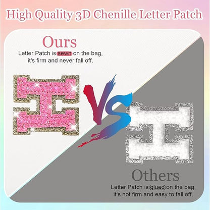 Small Personalized Glitter Initial Letter Makeup Bag, Cute PU Leather Chenille Letters Cosmetic Bag Travel Makeup Pouch, Preppy Travel Organizer Zipper Pouch for Women&Girls（WhiteRosePink-R）