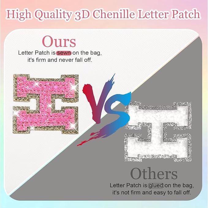 Small Personalized Glitter Initial Letter Makeup Bag, Cute PU Leather Chenille Letters Cosmetic Bag Travel Makeup Pouch, Preppy Travel Organizer Zipper Pouch for Women&Girls（WhiteRosePink-Y）