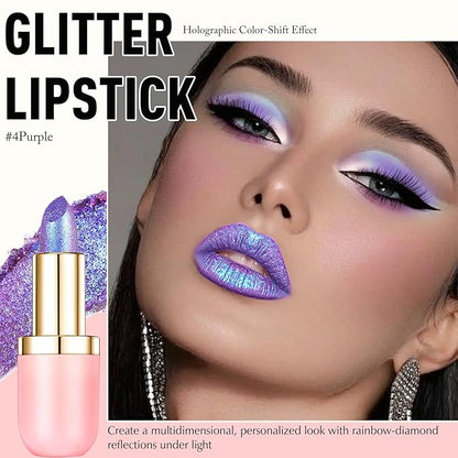 Purple Metallic Lipstick, Holographic Glitter Lip Stick for Women Makeup Long Lasting Lightweight Non-Sticky Hydrating Lip Tinted Full Coverage High-Shine Sparkling Shimmer Chameleon Lipstick