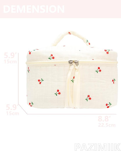 PAZIMIIK Quilted Makeup Bag Large Travel Zipper Soft Cosmetic Case for Women Girls Make Up,Cherry Beige