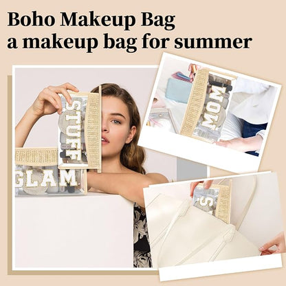 Small Boho Straw Clear Mom Makeup Bags for Women&Girls, Zipper Cosmetic Bag Chenille Varsity Letter Patch Bag, Preppy Cute Toiletry Pouch, Trendy Organizer Storage Bag for Beach Travel Essentials