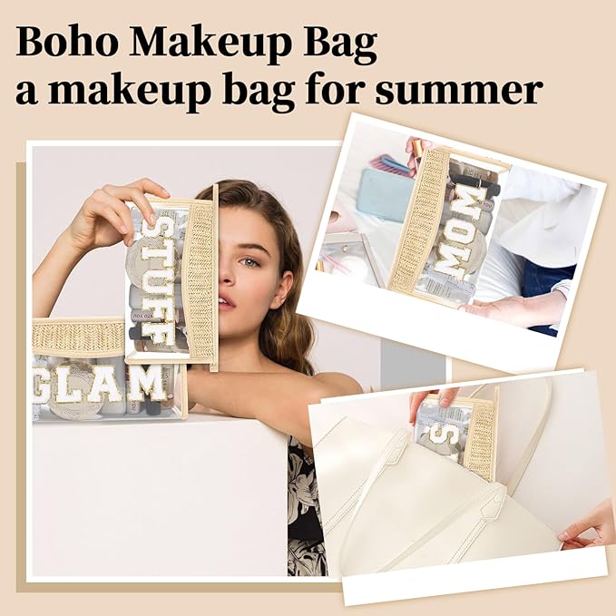 Small Boho Straw Clear Bride Makeup Bags for Women&Girls, Zipper Cosmetic Bag Chenille Varsity Letter Patch Bag, Preppy Cute Toiletry Pouch, Trendy Organizer Storage Bag for Beach Travel Essentials