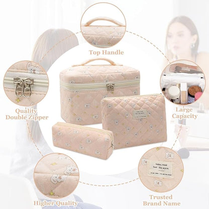 3pc Makeup Bag Set, Quilted Makeup Bag Set, Large Floral Cosmetic Bag for Women, Cute Cotton Makeup Bags, Flower Travel Toiletry Organizer Bag (Star White Rabbit)