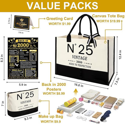 25th Birthday Gifts for Women Canvas Tote Bag Travel Gear,Unique 25 Years Old Gifts for Girlfriend Sister Coworker Friends Classmate Her, Vintage N°25 Handbag & Cosmetic Bag & Back in 2000 Poster