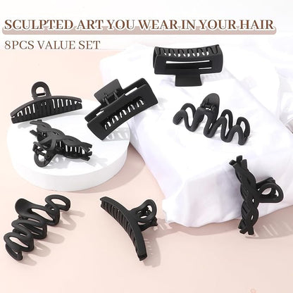Matte Non-Slip Large Hair Clips for Women 8PCS (All Black), Durable Claw Clips for Women/Girls | Gift-Ready Neutral Hair Accessories for Daily & Special Occasions
