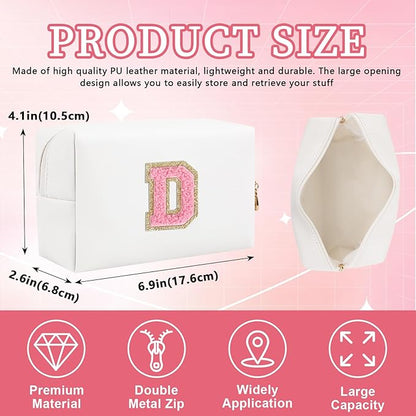 Personalized Initial Letter Patch Makeup Bag, Preppy Portable Chenille Cosmetic Bag with Zipper, PU Leather Waterproof Travel Toiletry Bag Monogram Make Up Pouch for Women Girls