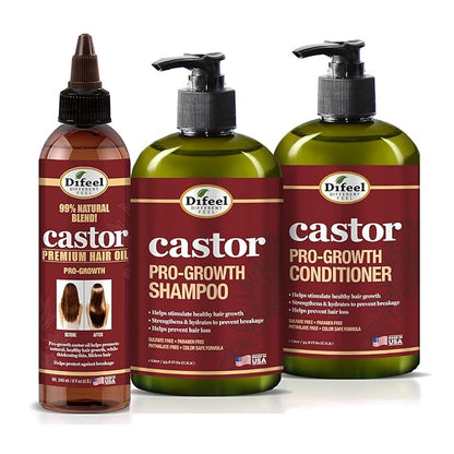 Difeel Pro-Growth Hair Care Set with Castor Oil - 3-PC Style: Shampoo & Conditioner 12oz EACH, & Hair Oil 8oz
