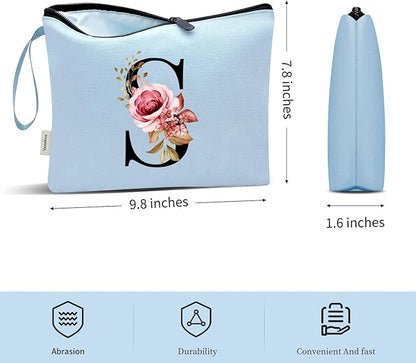 Vavabox A-Z Personalized Makeup Bag, Birthday Gifts for Women Mom, Gifts for Best Friend, Bride Bridesmaid Cosmetic bag (S, Blue)