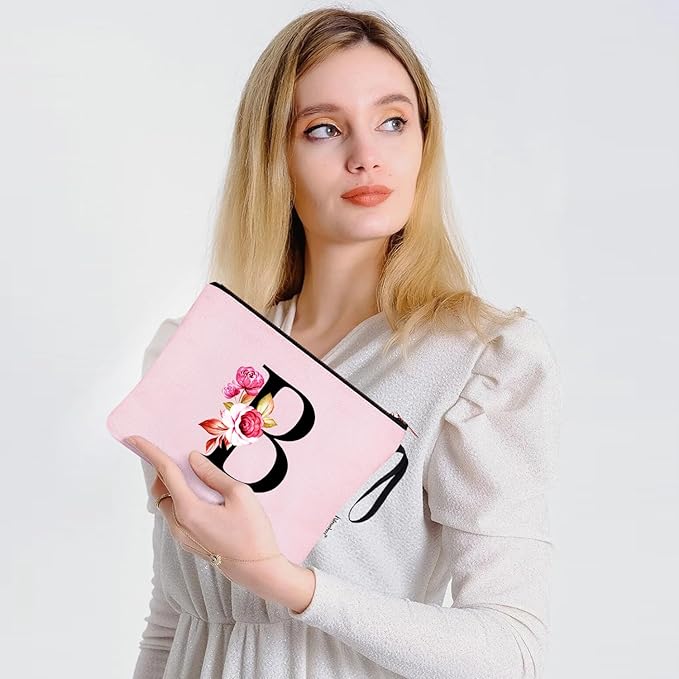 Vavabox A-Z Personalized Makeup Bag, Birthday Gifts for Women Mom, Gifts for Best Friend, Bride Bridesmaid Cosmetic bag (B, Pink)