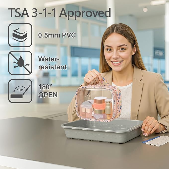 PACKISM Clear Makeup Bag - 2 Pack TSA Approved Toiletry Bag with Handle and 180° Large Opening, Clear Toiletry Bag Fit Carry-on Travel Essential, Travel Bags for Toiletries, Nude Pink Ditsy Floral