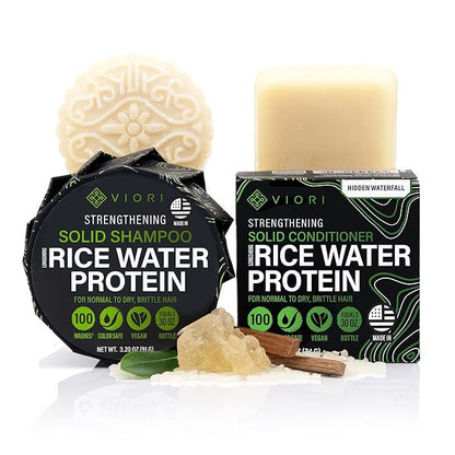 Viori Hidden Waterfall Shampoo and Conditioner Bar Set Made with Rice Water - Handcrafted Sulfate Free Shampoo and Conditioner