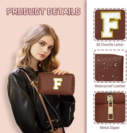 TOPEAST Personalized Birthday Gifts for Women, Preppy Patch Makeup Bag, Chenille Letter Pouch Cosmetic Bag, Travel Organizer, Gifts for Friends, Cute Stuff for Women (Brown L)